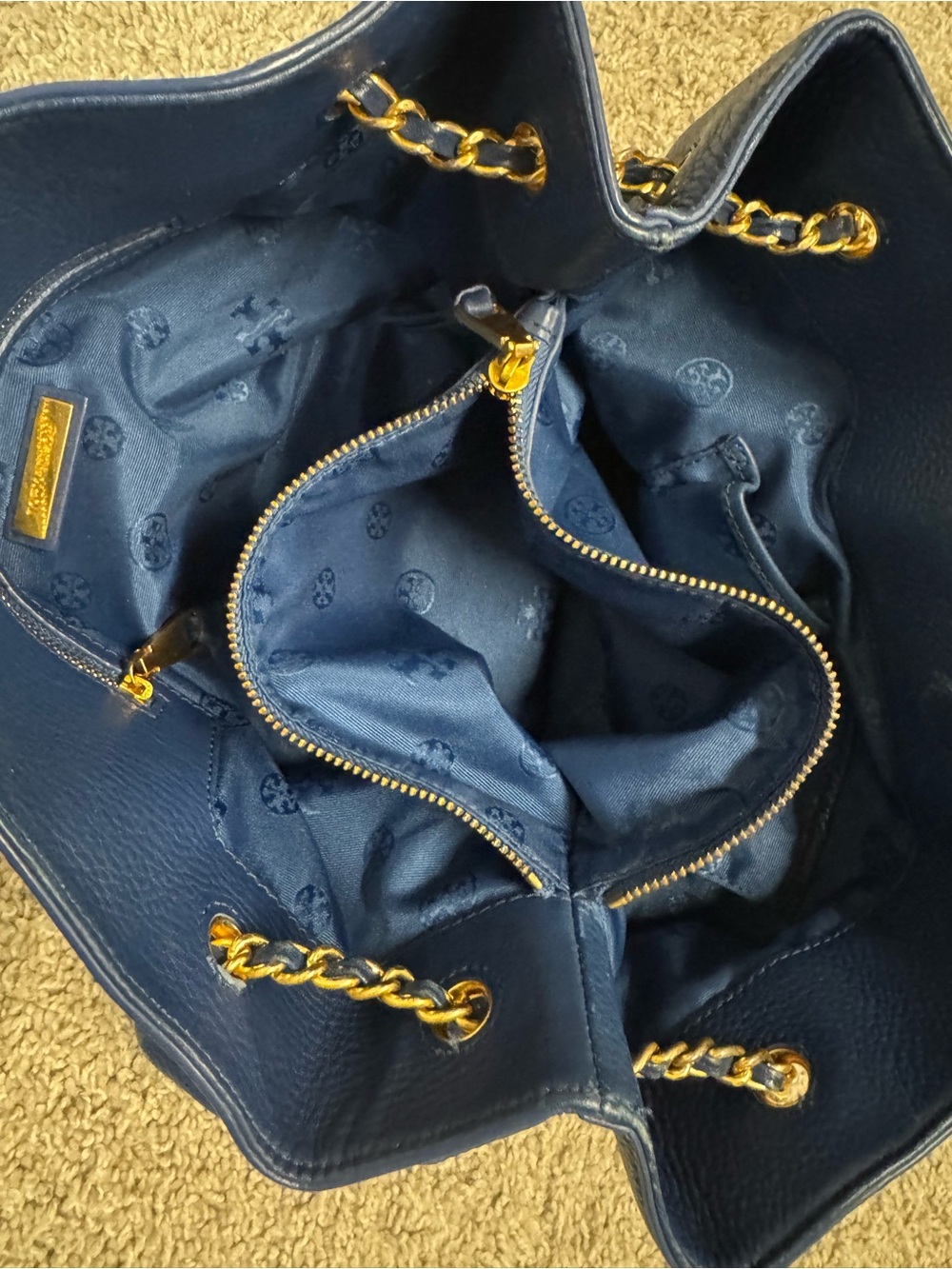 Tory Burch Navy Blue Pebbled Leather Shoulder Tote with Gold Chain - Picture 5 of 5